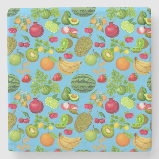 Colourful Fruits Pattern 01.b Lblue BG Stone Coaster (Front)