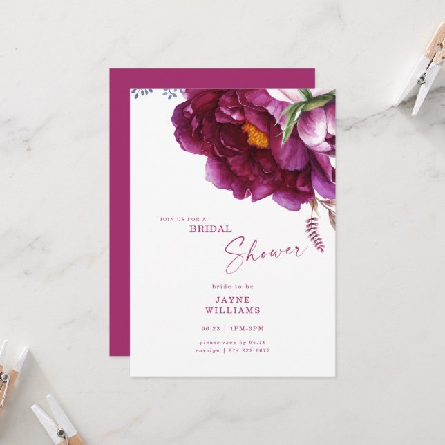Colourful Fuchsia Floral Elegant Bridal Shower  Invitation (Front/Back In Situ)