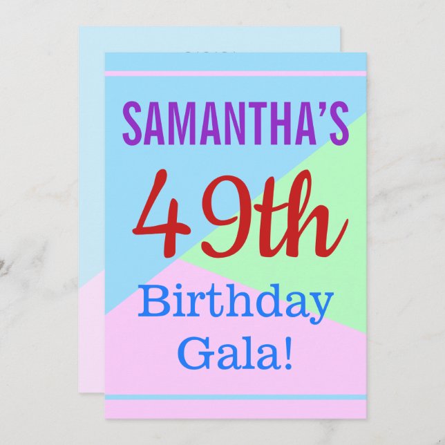Colourful, Fun "49th Birthday Gala!" Invitation (Front/Back)
