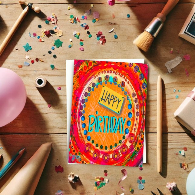 Colourful Fun Abstract Modern Red Happy Birthday  Card (Creator Uploaded)