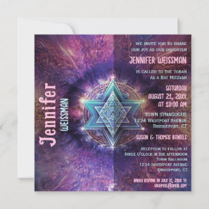 Colourful Fun Bat Mitzvah Neon Star Invitation