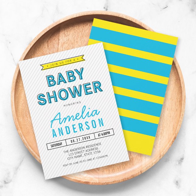 Colourful Fun Blue and Yellow Modern Baby Shower Invitation (Creator Uploaded)