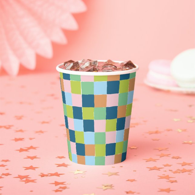 Colourful Fun Chequerboard Block Patterned Paper Cups (Insitu)