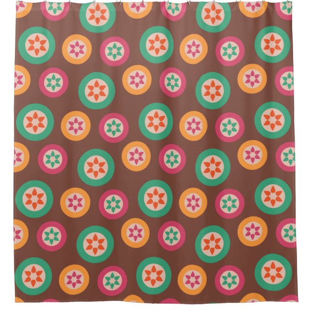 Colourful Fun Circles and Flowers Patterned Shower Curtain (Front)