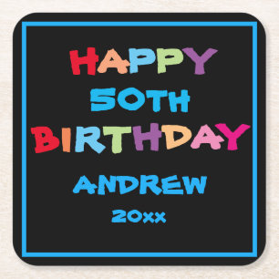 Colourful Fun Custom Name Year Date Happy Birthday Square Paper Coaster