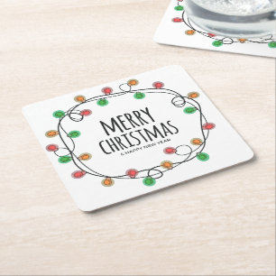 Colourful Fun Festive Lights  Merry Christmas Part Square Paper Coaster
