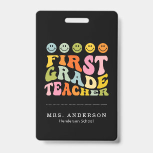 Colourful Fun First Grade Teacher Custom Name  ID Badge