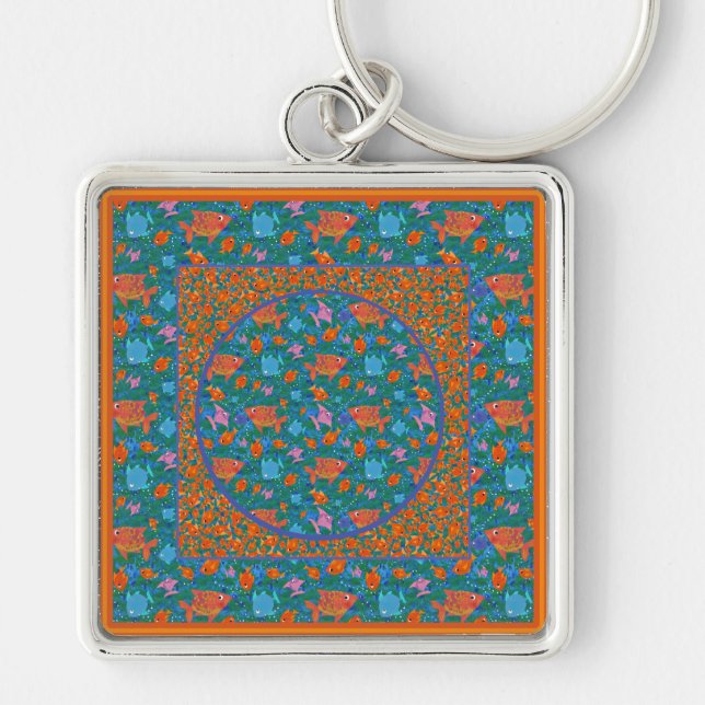 Colourful Fun Fish in the Sea Square Keychain (Front)