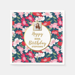 Colourful Fun Floral Any Age Custom Photo Birthday Napkin
