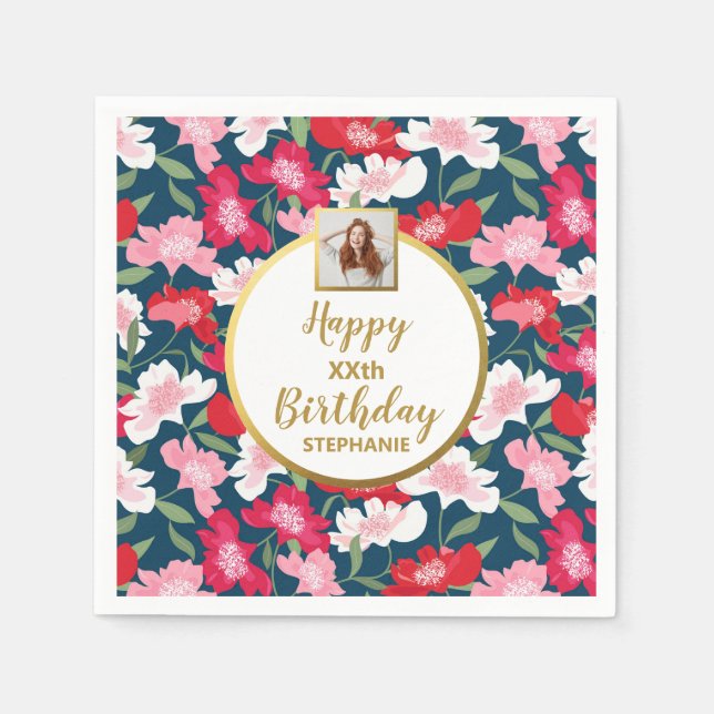 Colourful Fun Floral Any Age Custom Photo Birthday Napkin (Front)