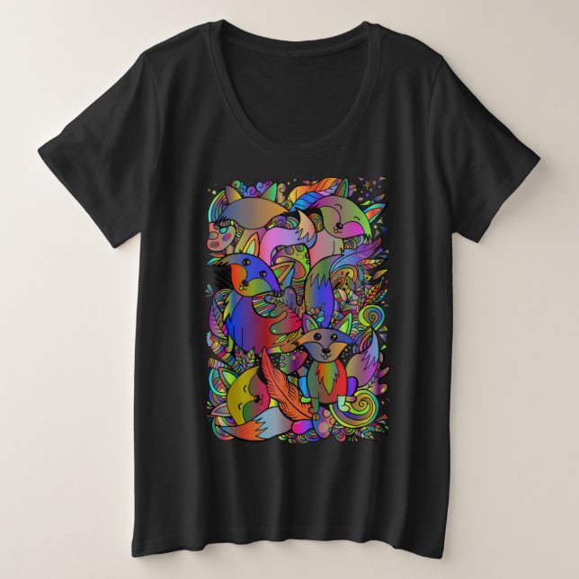 Colourful Fun Foxes Doodle Women's Plus Size T-Shirt (Design Front)