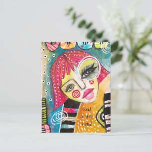 Colourful Fun Girl Pink Hair Black White Stripe Fu Postcard