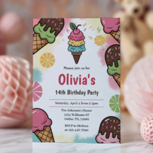 Colourful Fun Girls Ice Cream Birthday Party Invitation