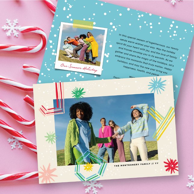 Colourful Fun Joyful Lines & Pom Poms Photo Holida Holiday Card (Creator Uploaded)