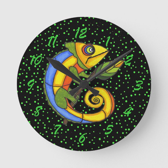 Colourful Fun Lizard Branch Dots Round Clock (Front)