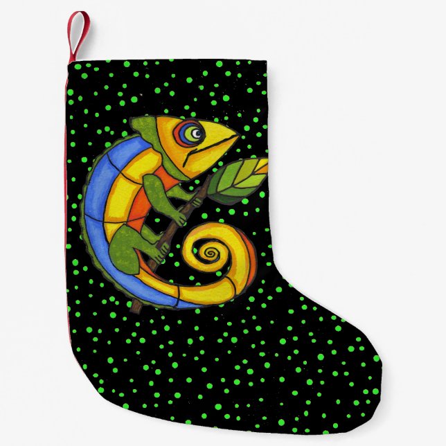 Colourful Fun Lizard Branch Dots Small Christmas Stocking (Front)