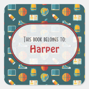 Colourful Fun School Supplies Pattern Personalised Square Sticker