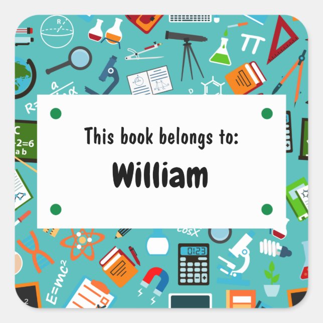 Colourful Fun School Supplies Pattern Personalised Square Sticker (Front)