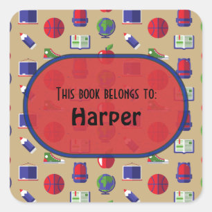Colourful Fun School Supplies Pattern Personalised Square Sticker