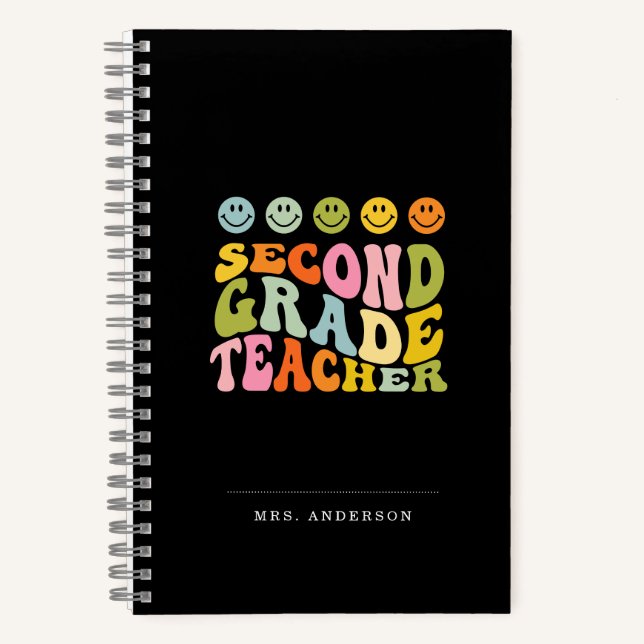 Colourful Fun Second Grade Teacher Custom Name Notebook (Front)
