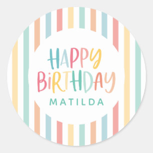 Colourful fun stripe happy birthday classic round sticker