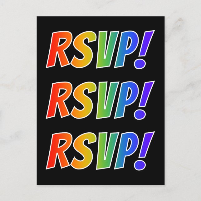 Colourful, Fun, Vibrant Rainbow Letters "RSVP!" Postcard (Front)