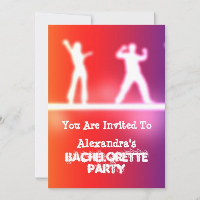 Colourful funky neon dancers bachelorette party invitation (Front)