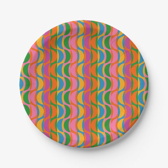 Colourful Funky Pop Art Wavy Moon Stripes Pattern Paper Plate (Front)