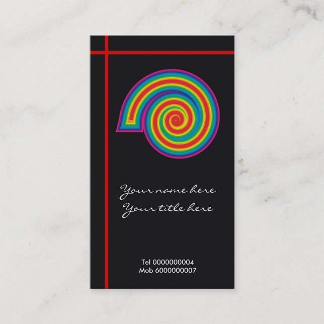 Colourful funky spiral and red crossed lines business card (Front)