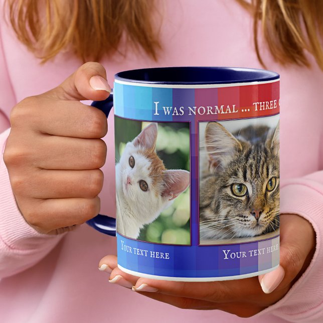 Colourful Funny Cats Custom Photo Mug (Photo mug featuring your own favorite (cat) photos framed by a colorful checkered design.)
