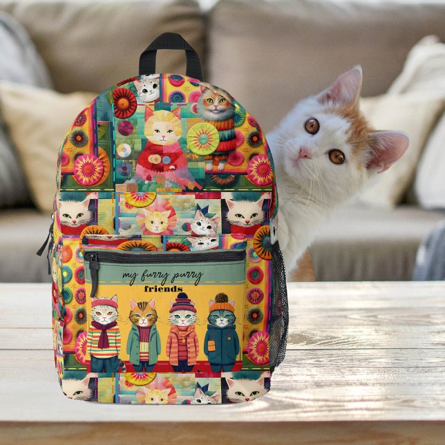 Colourful Funny Cats Quilt Patchwork Retro Printed Backpack (Backpack featuring a pattern design with colorful cute and funny cats)