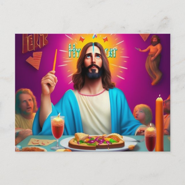 Colourful Funny Jesus at his Birthday Postcard (Front)