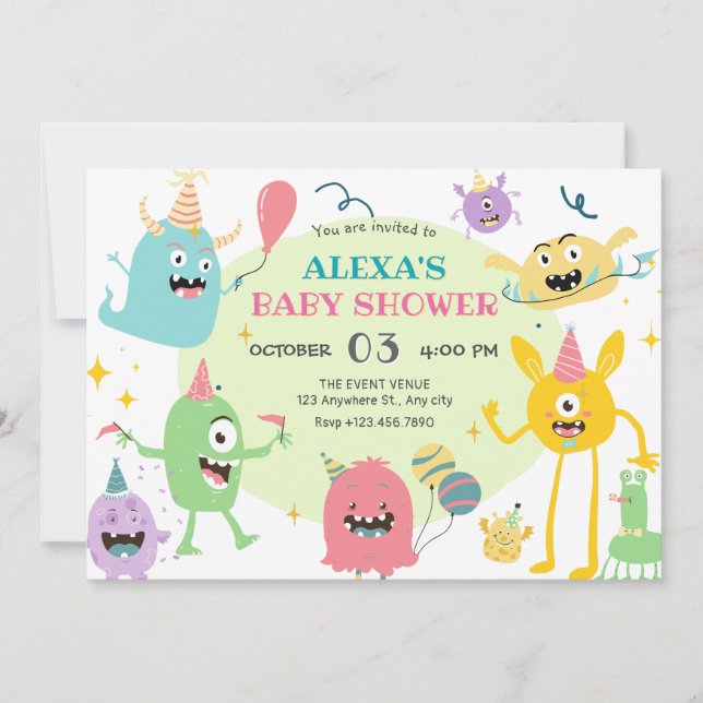 Colourful funny monster party baby shower invitation (Front)