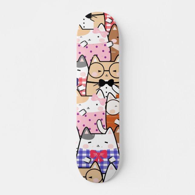 Colourful Funny Nerdy Cats Kitten Pattern Whimsica Skateboard (Front)