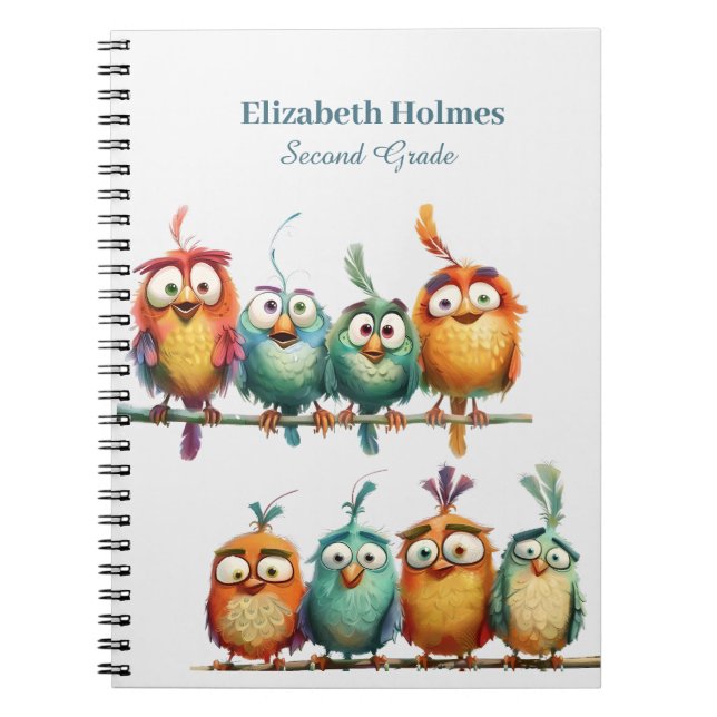 Colourful Funny Quirky Birds School Notebook (Front)