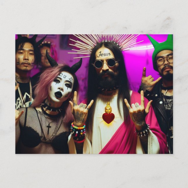 Colourful Funny Retro Punk Rock Party Jesus Postcard (Front)