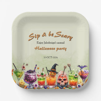 Colourful Funny Scary Cocktails Sip Halloween Part Paper Plate