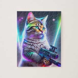 Colourful Futuristic Cyberpunk Cat With Laser Gun Jigsaw Puzzle