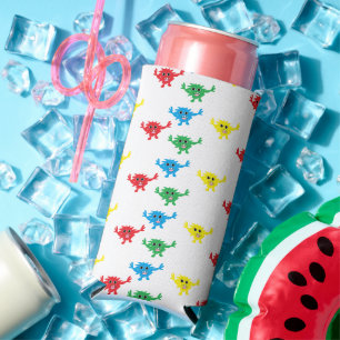 Colourful fuzzy monster pattern white seltzer can cooler