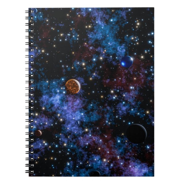 Colourful galaxies, stars and planets in night notebook (Front)