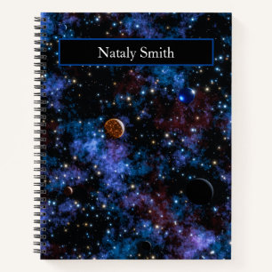 Colourful galaxies, stars and planets name notebook