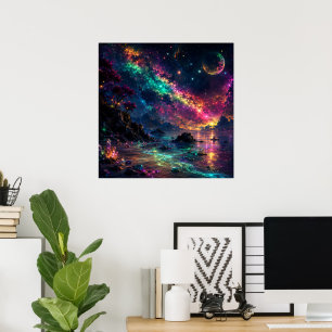 Colourful Galaxy Neon Space Rainbow Nebula Art Poster