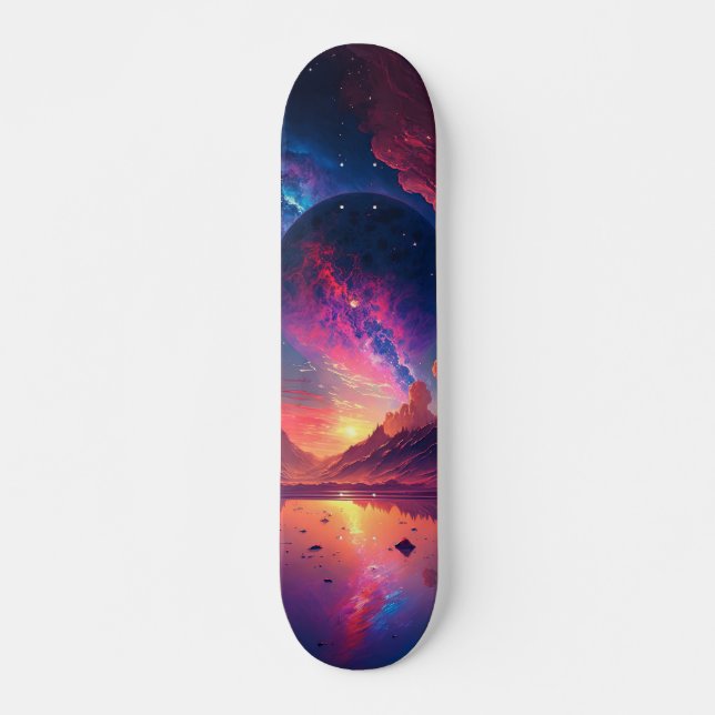 Colourful Galaxy Planet Overlooking Alien Lake Skateboard (Front)