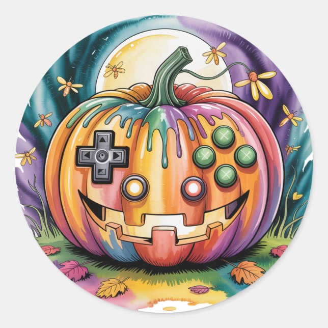 Colourful Gamer Pumpkin Halloween Bash Classic Round Sticker (Front)