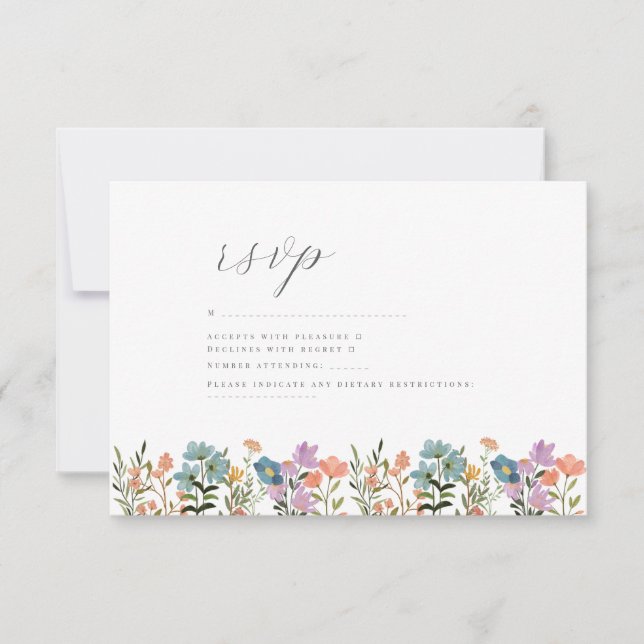 Colourful Garden Blus watercolor Wildflower weddin RSVP Card (Front)