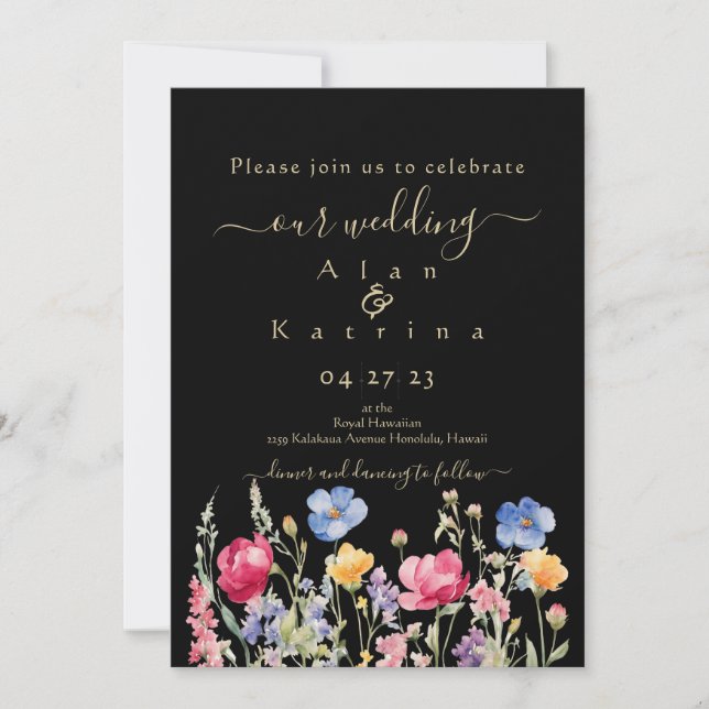 Colourful Garden Boho Wildflower On Black Invitation (Front)