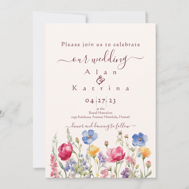 Colourful Garden Boho Wildflower On Pearl Invitation (Front)