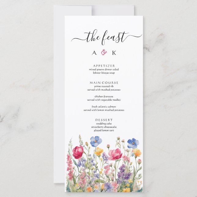 Colourful Garden Boho Wildflowers Wedding Menu (Front)