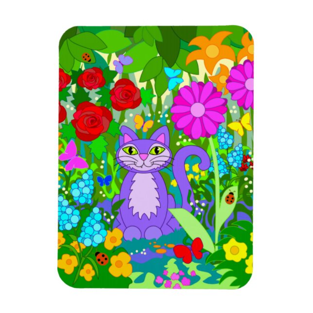 Colourful Garden Cat Art Fantasy Flowers Ladybugs Magnet (Vertical)