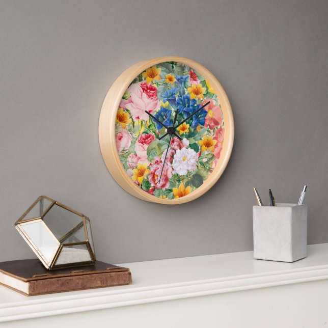 Colourful Garden Flowers - Boho Floral Pillow Clock (Office)